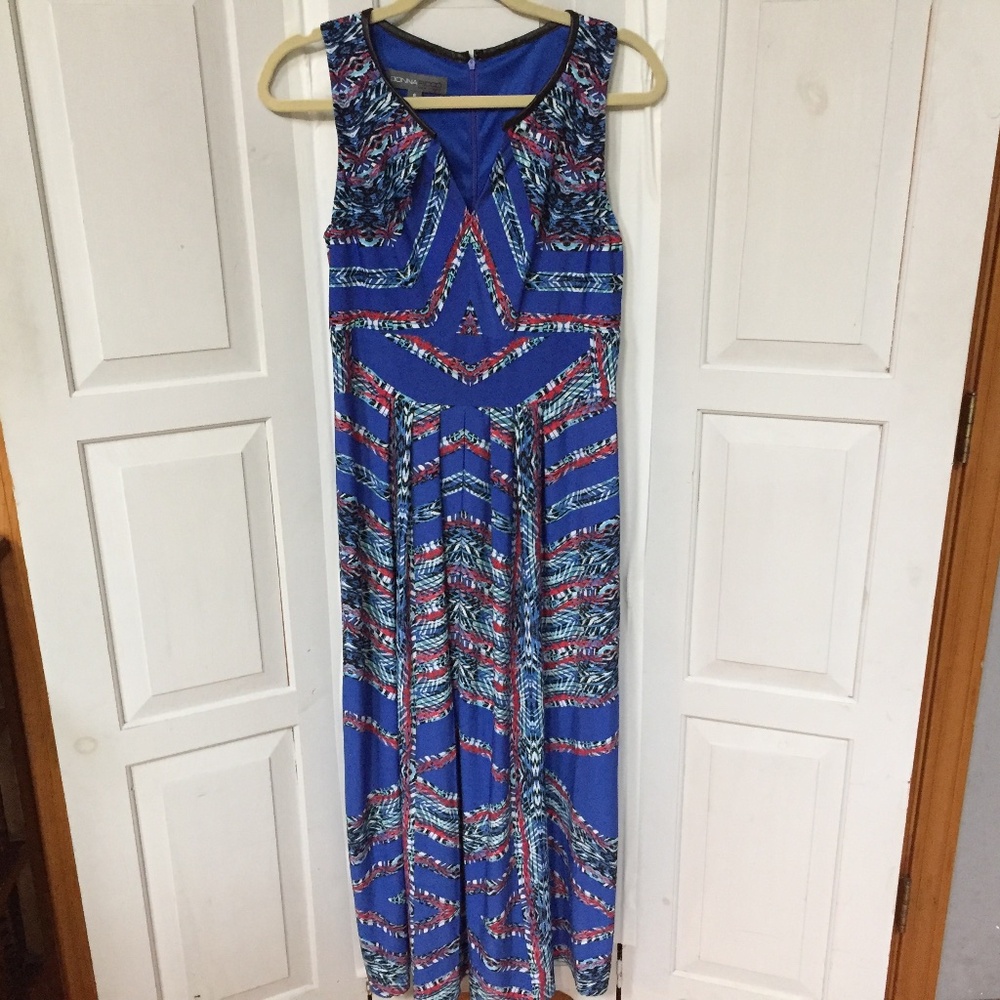 Donna Ricco Sleeveless Blue and Red Tribal Patterned Dress - Picture 1 of 15